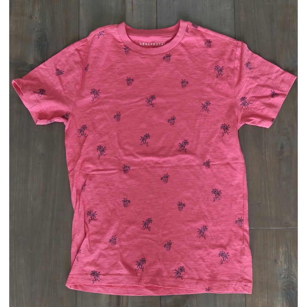 Aeropostale Men’s XS Shirt Pink Palm Tree Pineapple Print Tee Summer Casual